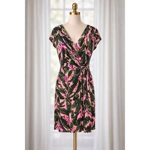 Lands End Faux Wrap Dress Resort Coastal Pink Tropical Palm Print Sz Large 14 16
